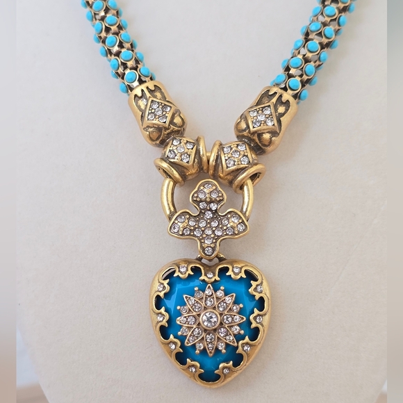 Vintage Gold & Turquoise Enamel Heart Pendant Necklace | Crystal Cross Medallion - Picture 2 of 9